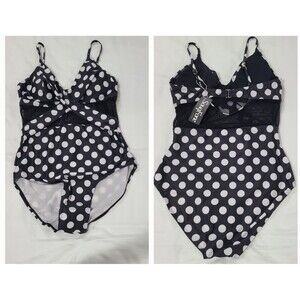 NWT SouqFone Crossover Bandeau Black White Polka Dot Mesh One Piece Size M 8-10